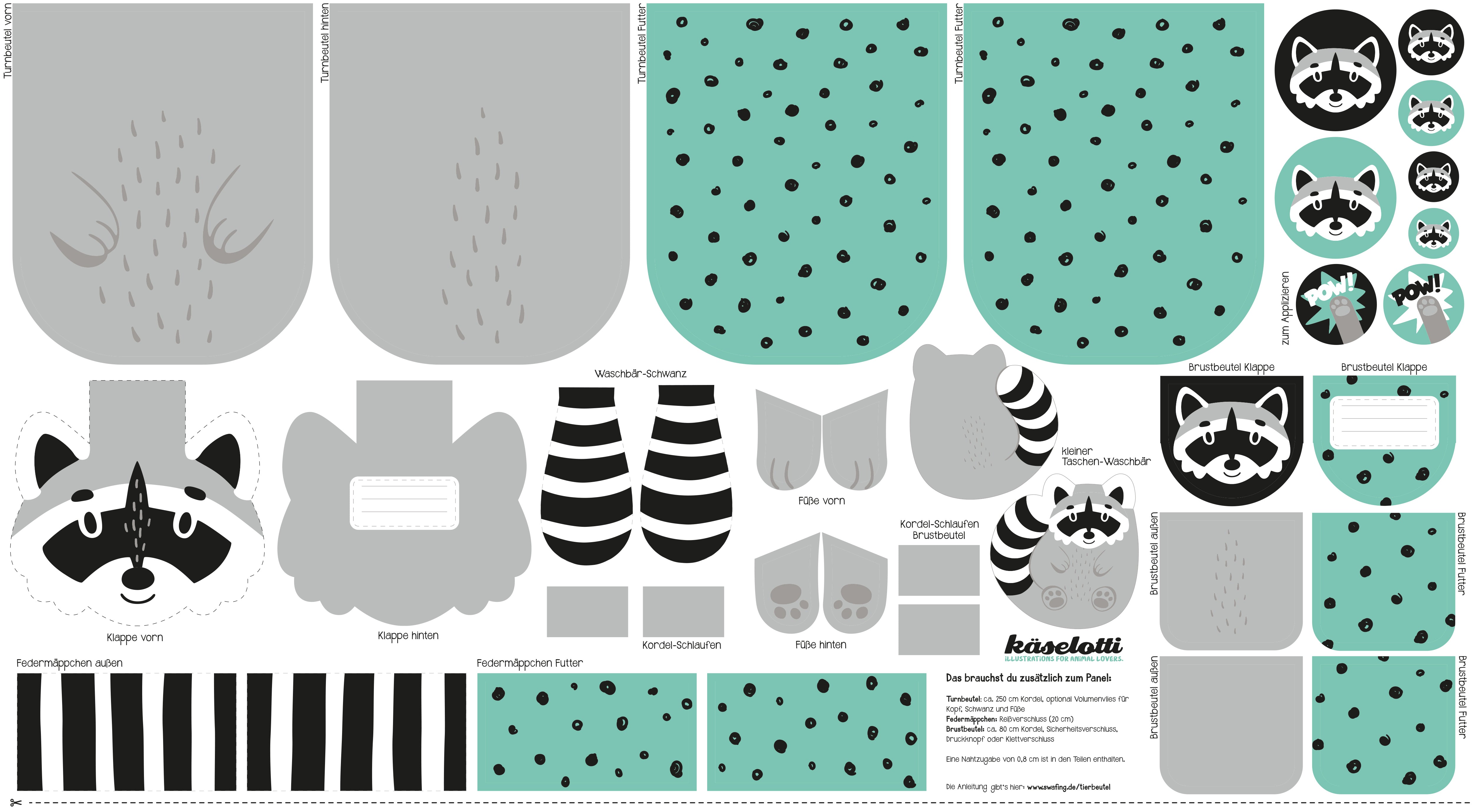 Tierbeutel Panel Swafing, Waschbär Panel, Käselotti Rucksack / Turnbeutel DIY Panel