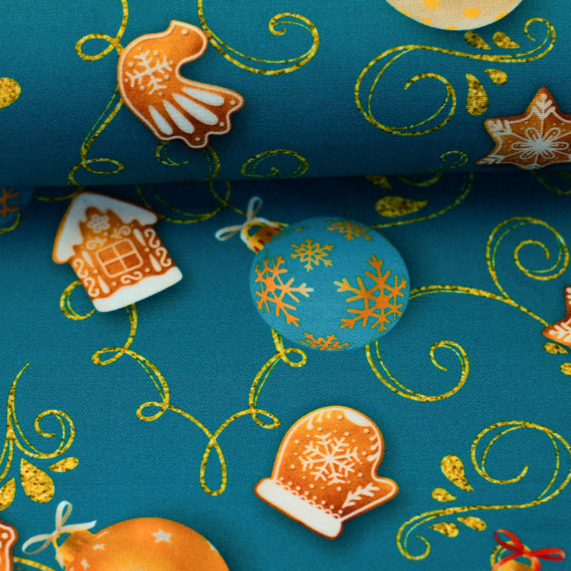 Baumwollwebware „Merry Christmas“ – Lebkuchenfiguren Blau, Swafing