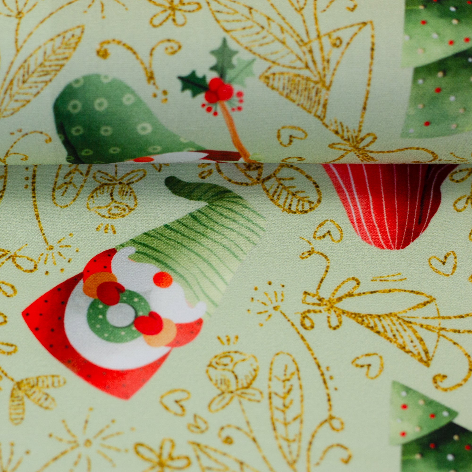 Baumwollwebware „Merry Christmas“ mit Tannenbäumen & Wichteln – Swafing