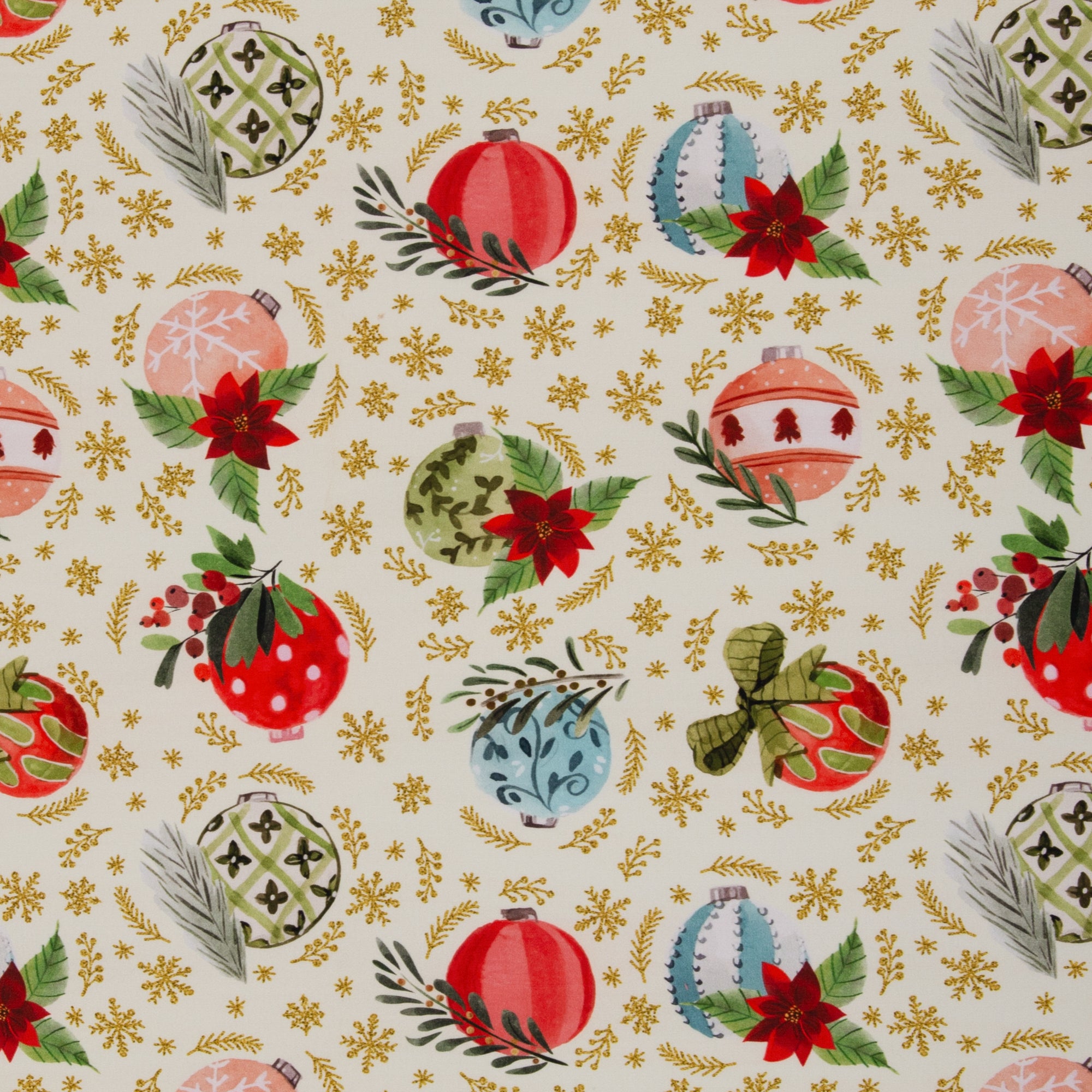 Baumwollwebware „Merry Christmas“ – bunte Weihnachtskugeln, Swafing