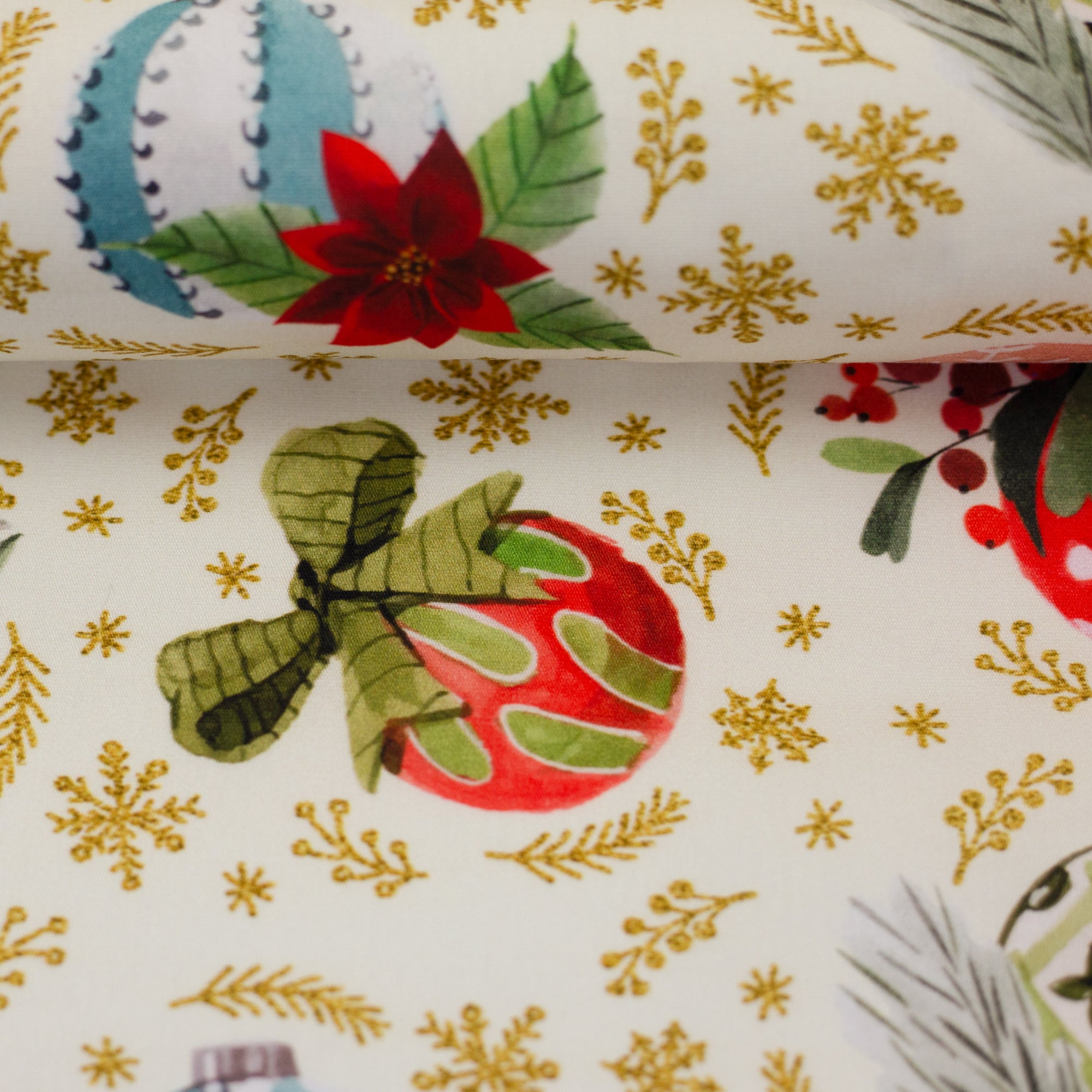 Baumwollwebware „Merry Christmas“ – bunte Weihnachtskugeln, Swafing