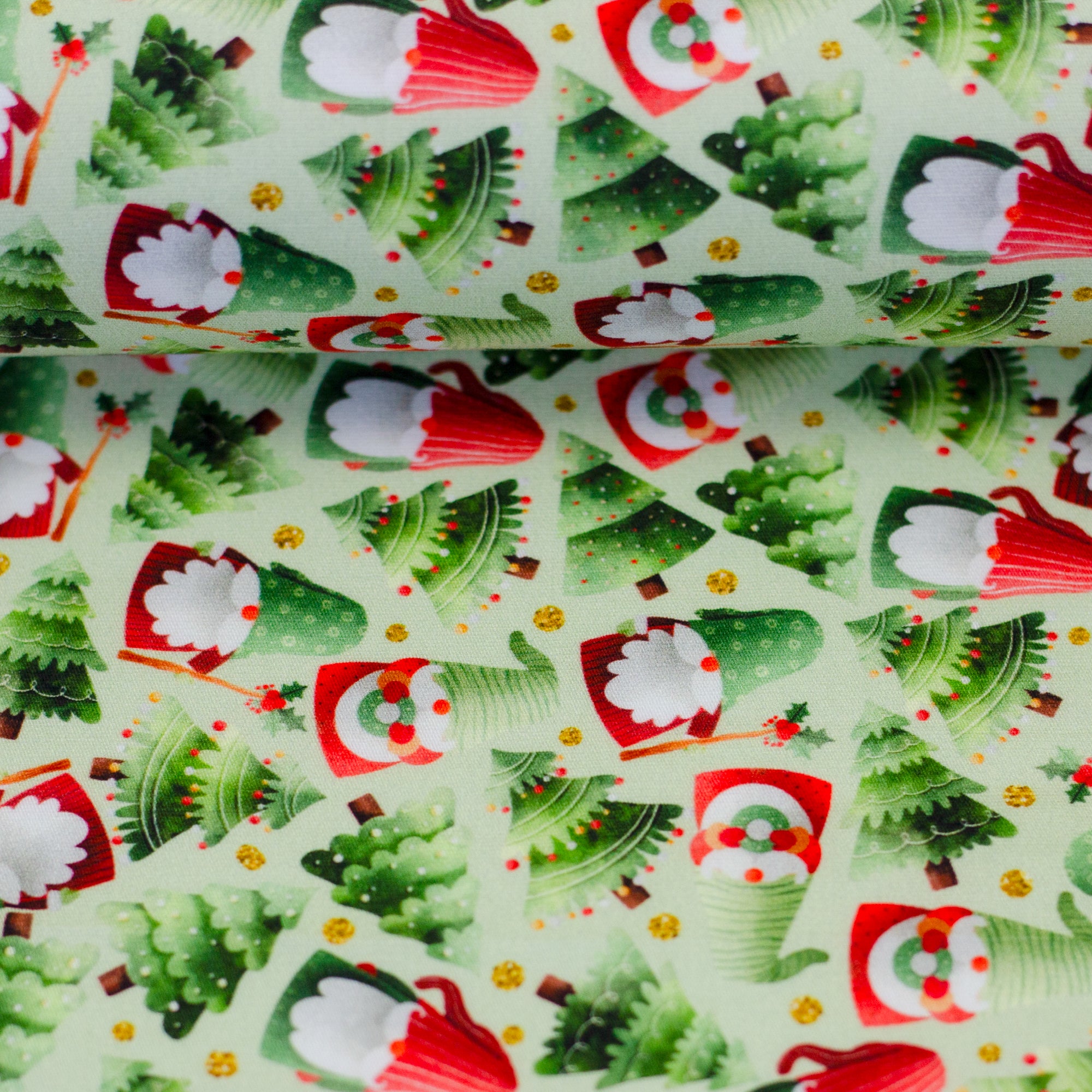 Baumwollwebware „Merry Christmas“ – kleine Wichtel & Tannenbäume, Swafing