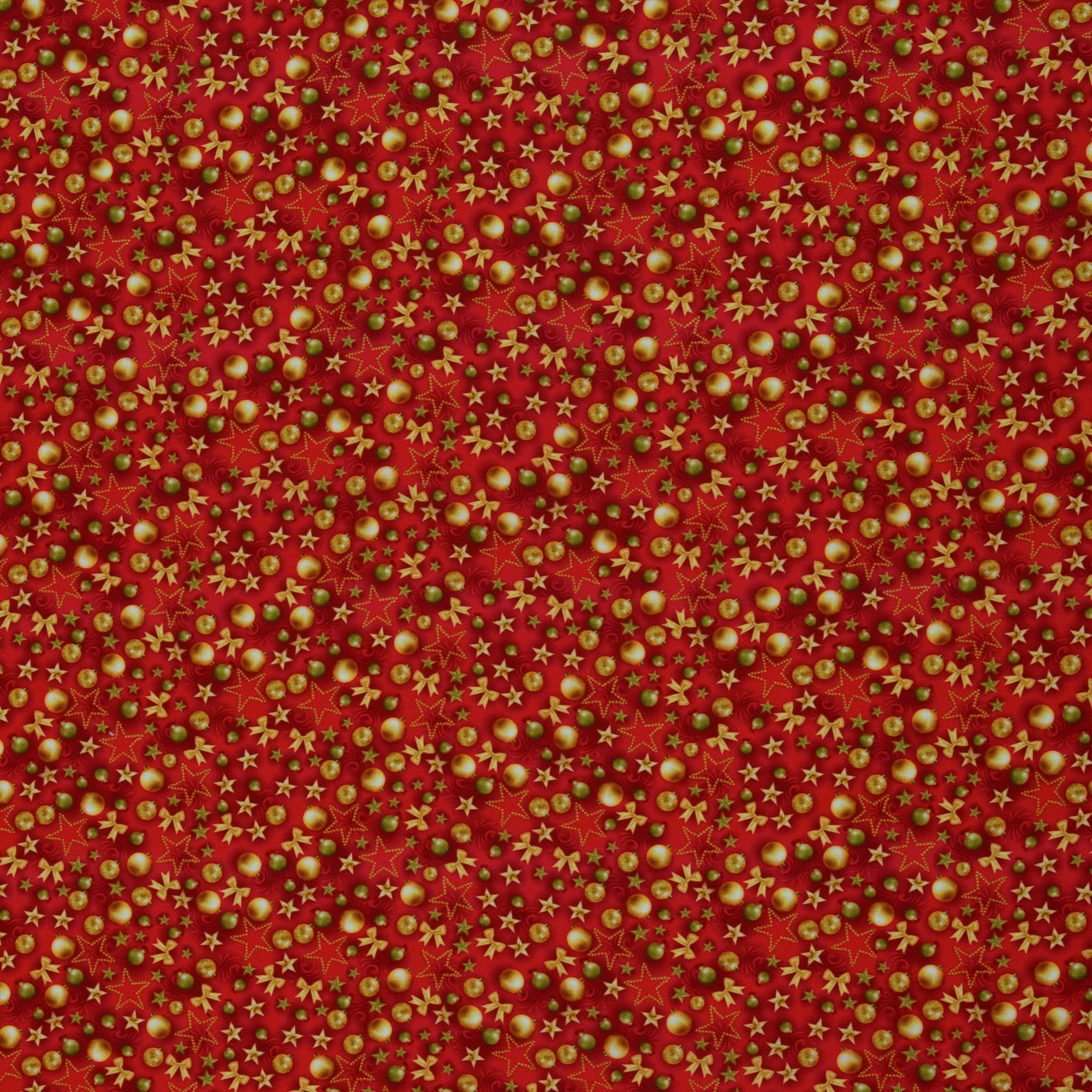 Baumwollwebware „Merry Christmas“ – kleine Kugeln, Schleifen & Sterne auf Rot, Swafing