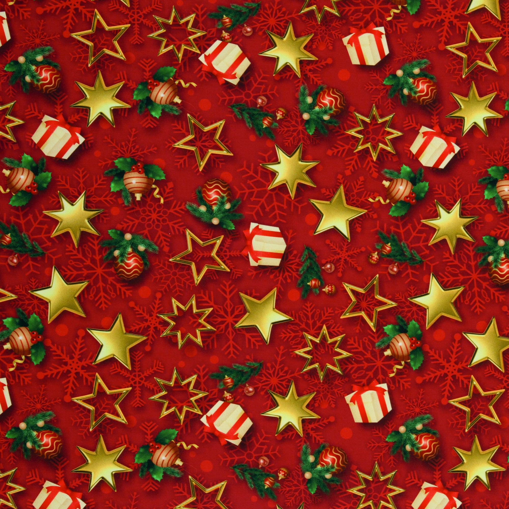 Baumwollwebware „Merry Christmas“ – Weihnachtskugeln, Geschenke & Sterne, Swafing