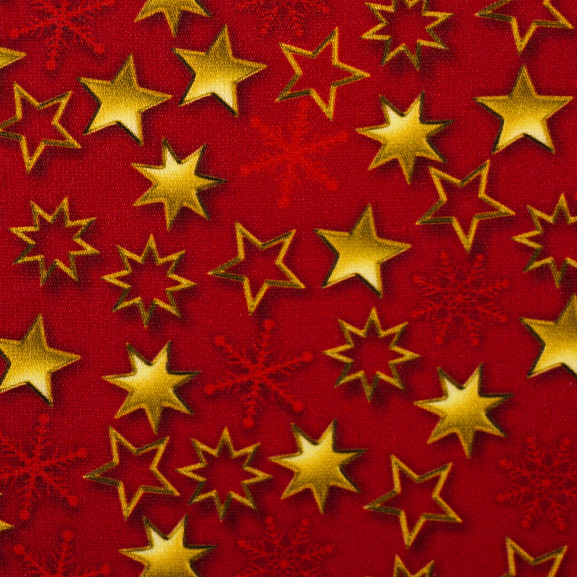 Baumwollwebware „Merry Christmas“ – goldene Sterne auf Rot, Swafing