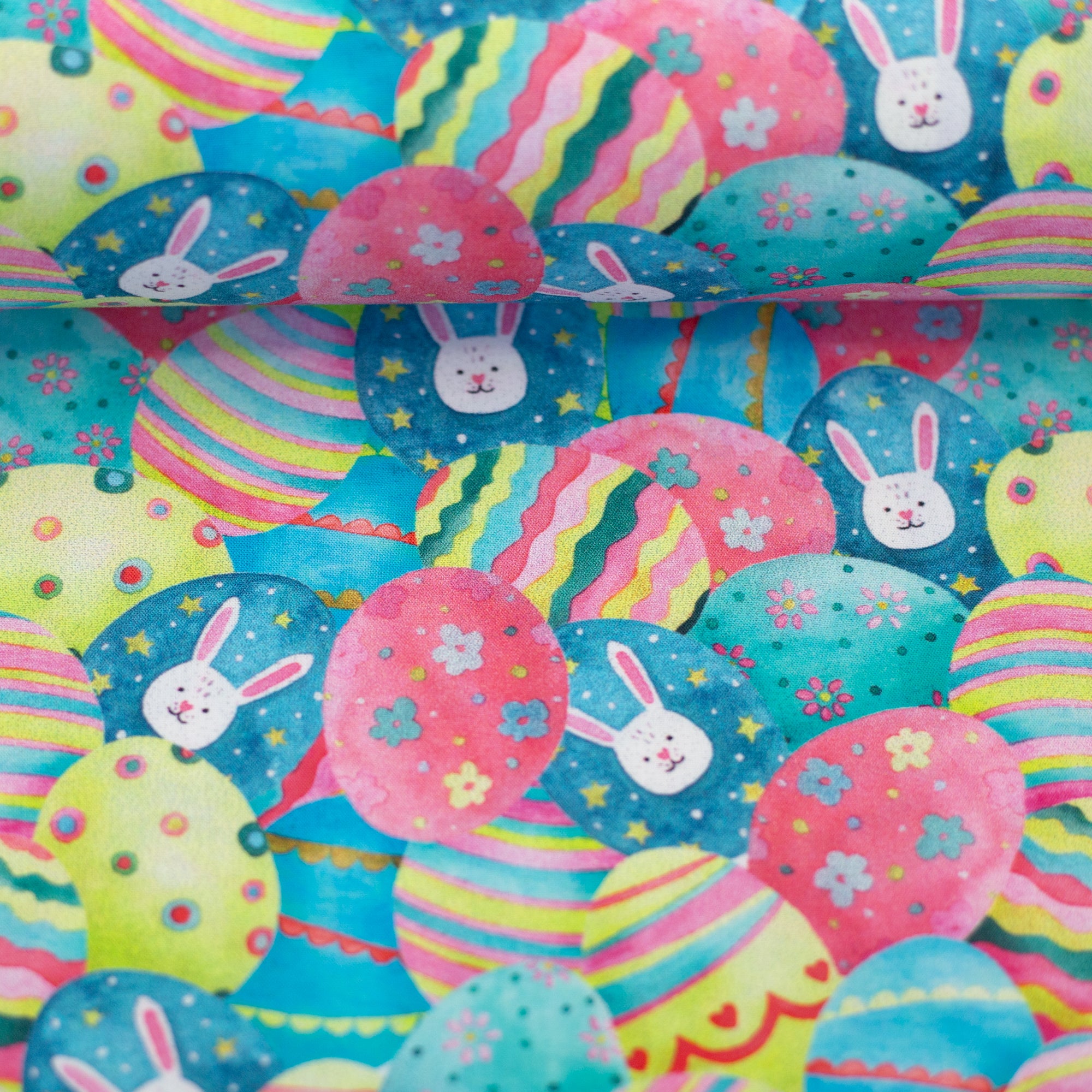 Baumwoll Webware Happy Easter Hasen bunt