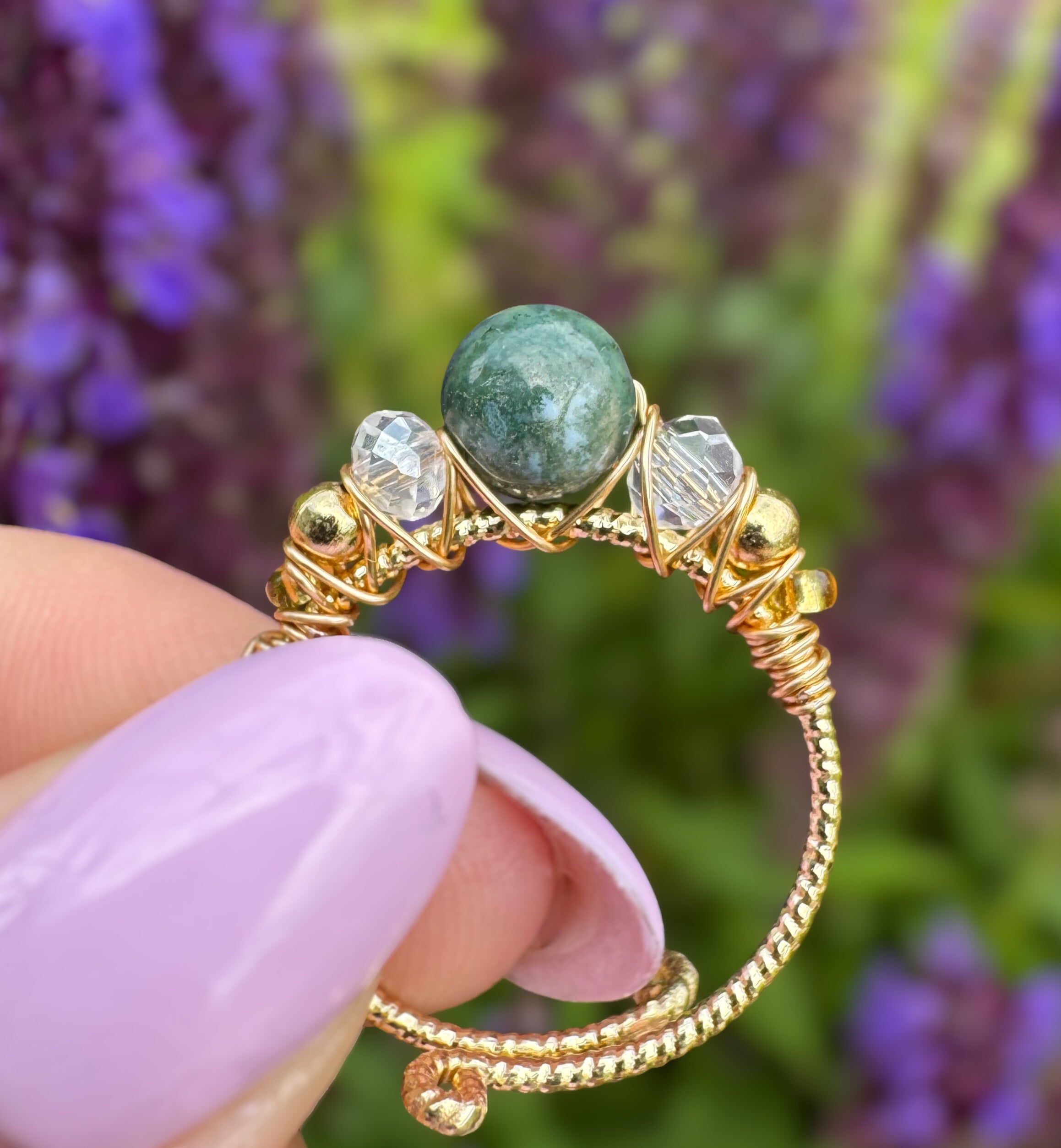 Verstellbarer Moosachat-Ring – Marquise Design, 18K vergoldet