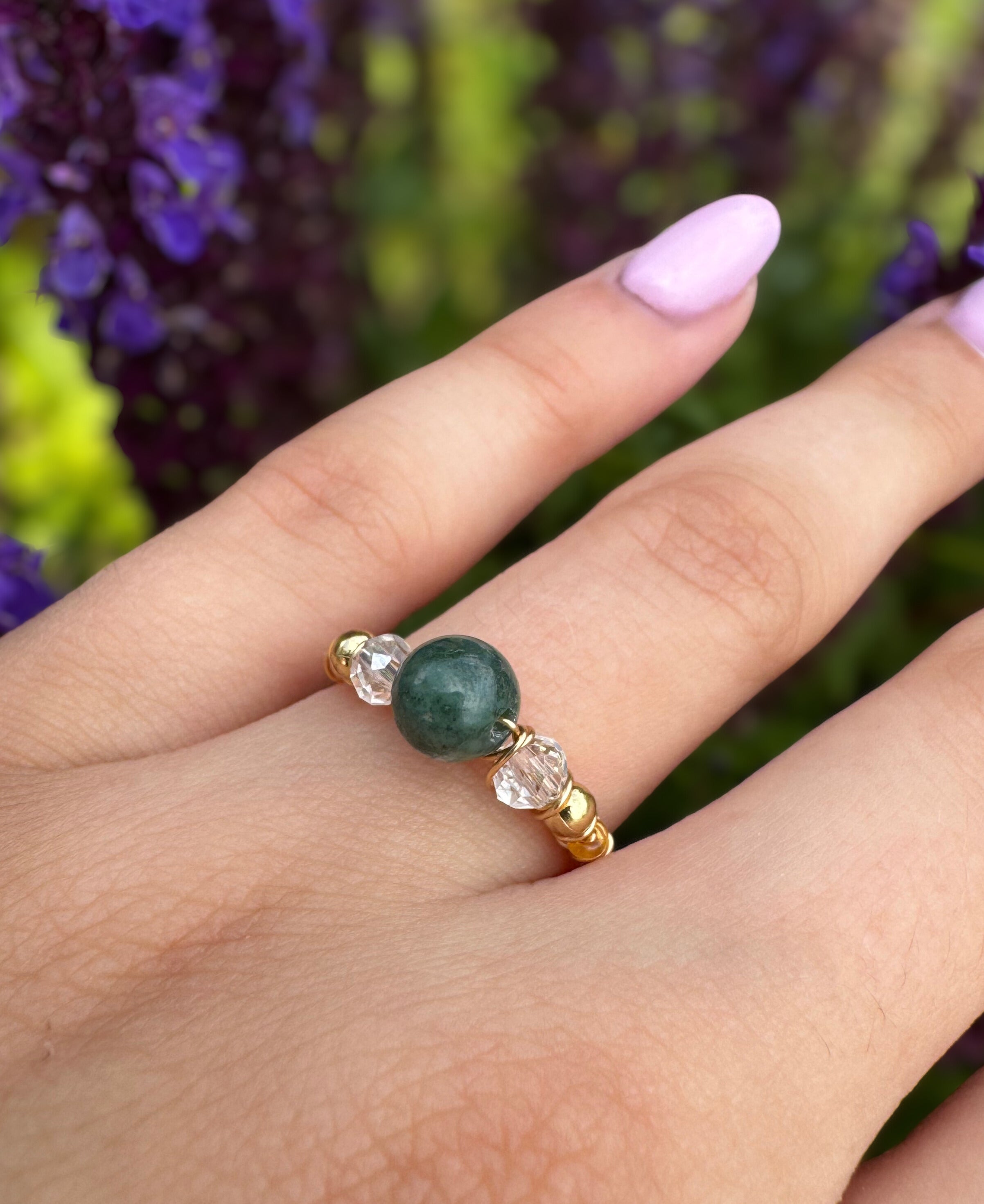 Verstellbarer Moosachat-Ring – Marquise Design, 18K vergoldet