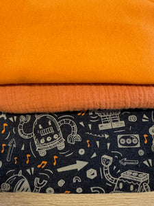 Stoffpaket Jersey & Bündchen 2,83 m – Roboter, Space, Musselin & Uni – Reststoffpaket zum Nähen für Kinder, Jungen, Accessoires