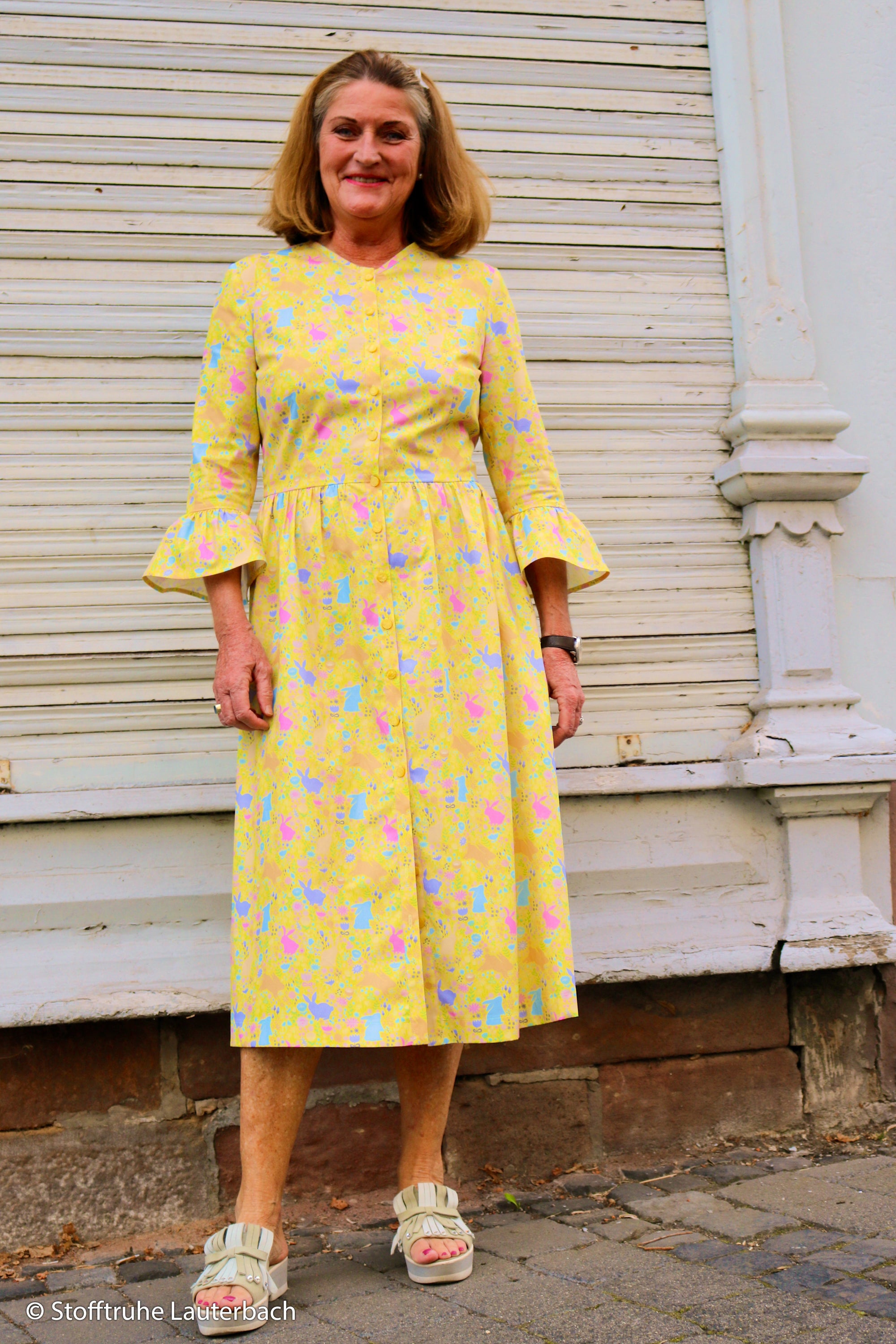 Baumwoll Webware Happy Easter Osterhasen gelb