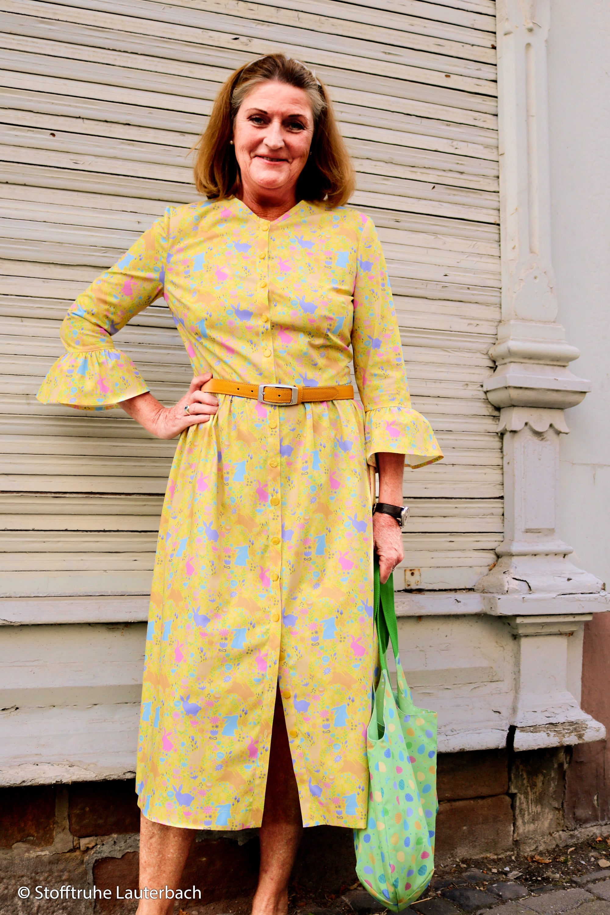 Baumwoll Webware Happy Easter Osterhasen gelb