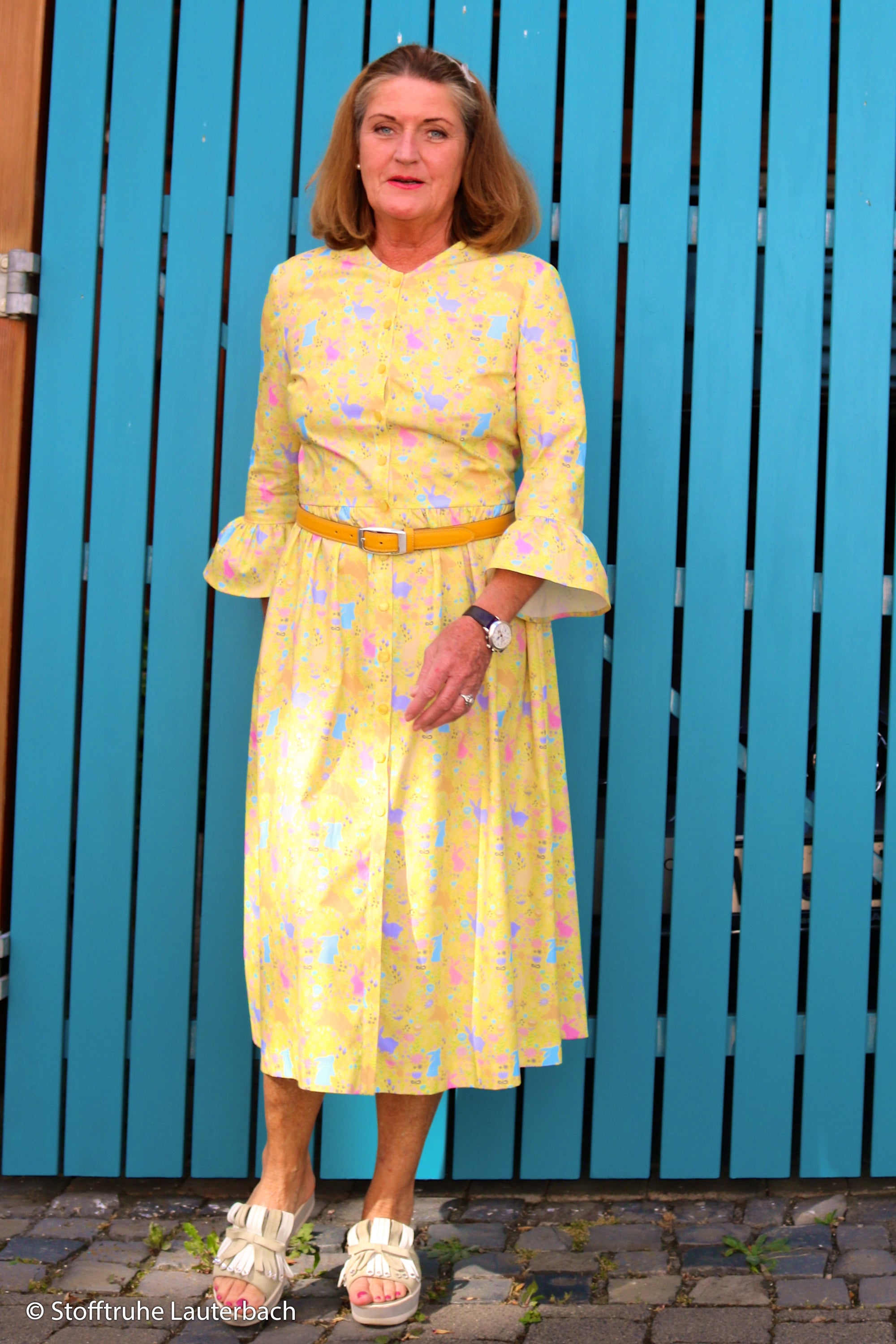 Baumwoll Webware Happy Easter Osterhasen gelb