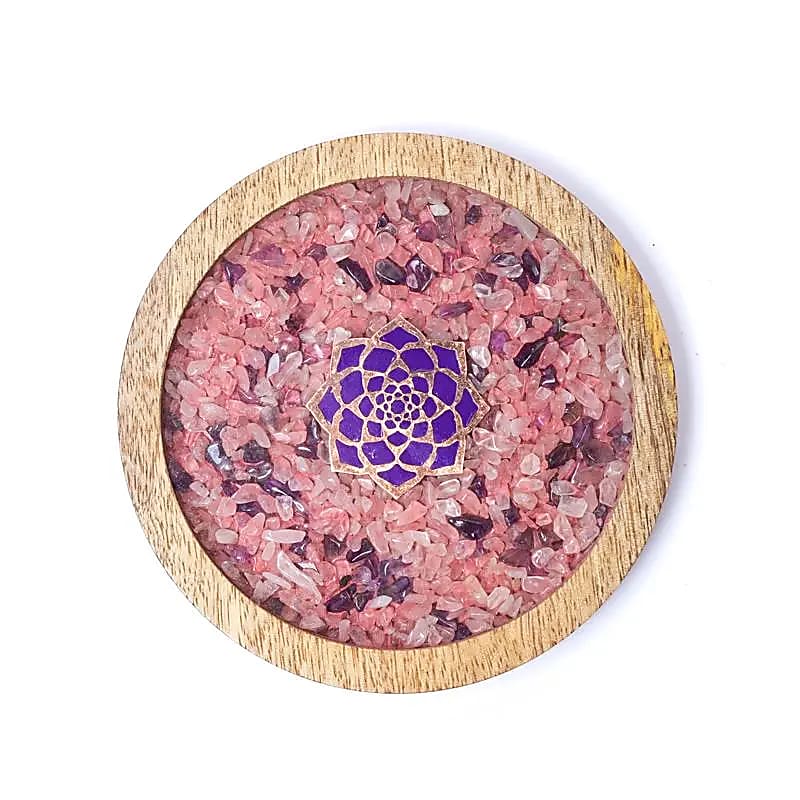 Untersetzer Holz – Lotus mit Rosenquarz & Amethyst