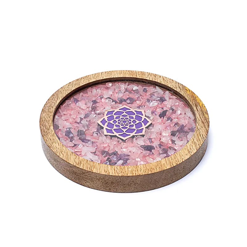 Untersetzer Holz – Lotus mit Rosenquarz & Amethyst