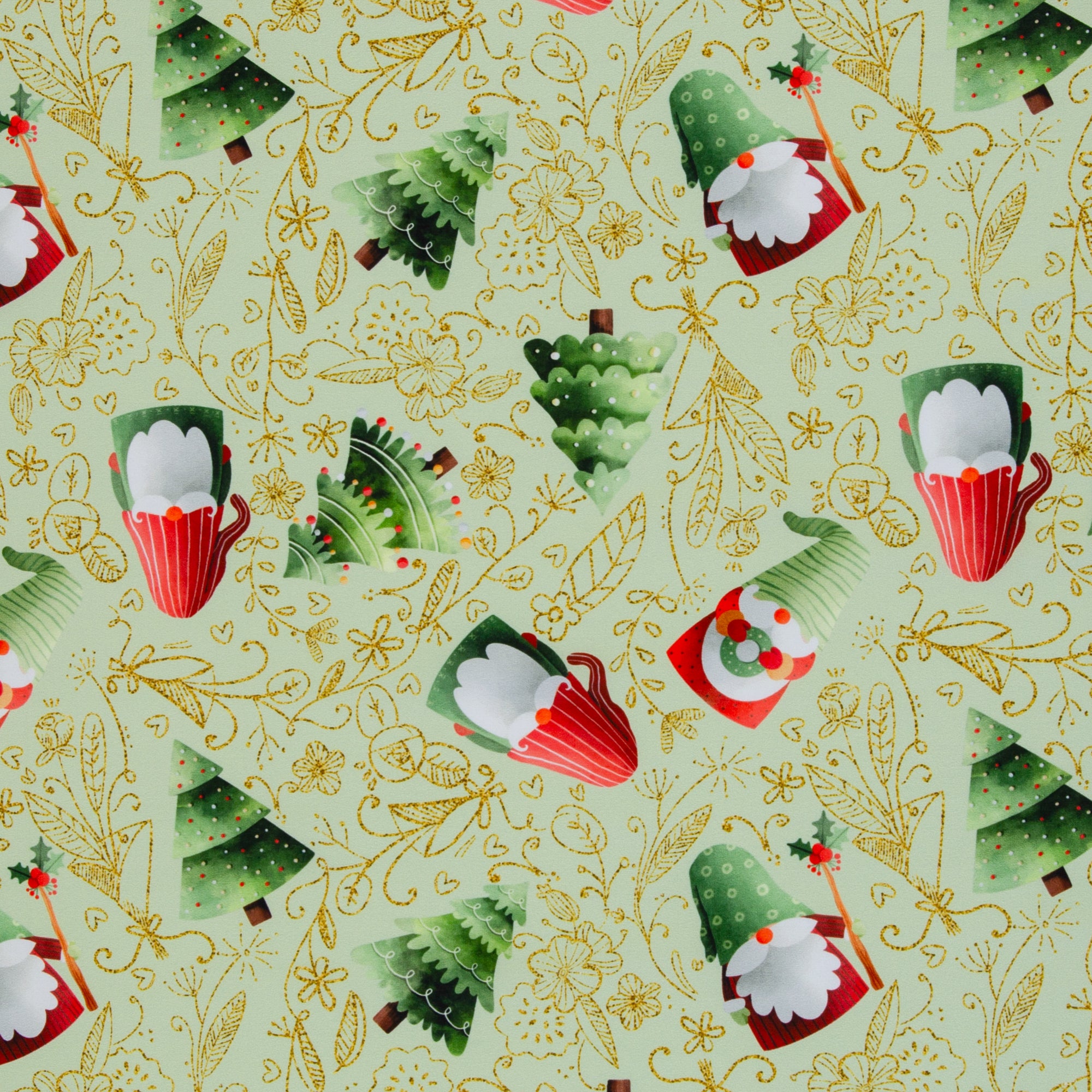 Baumwollwebware „Merry Christmas“ mit Tannenbäumen & Wichteln – Swafing