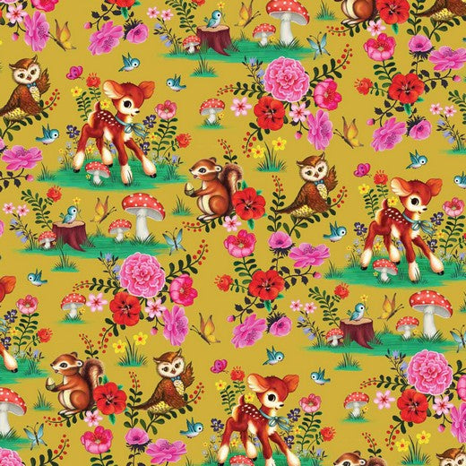 Bio Jersey, Waldtiere, Eichhörnchen, Eulen,  Rehe, senf, GOTS Jersey, Digitalprint, organic cotton