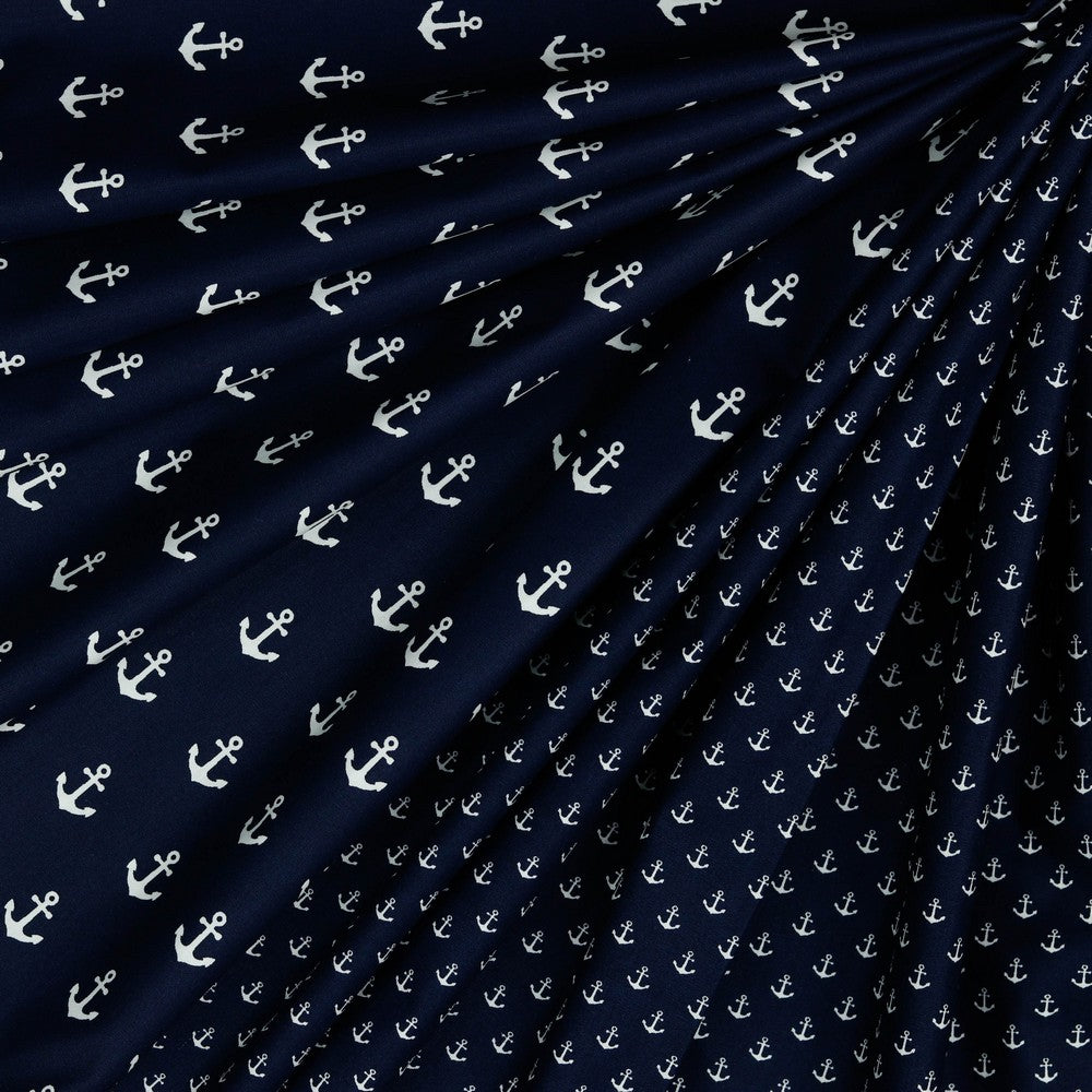 Baumwoll Popelin, kleine Anker, blau, Webware,