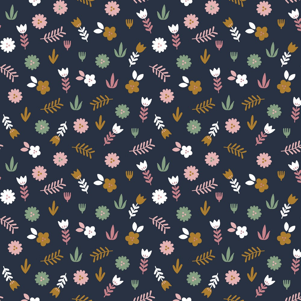 Baumwoll Popelin, Webware mit Blumen, dunkelblau