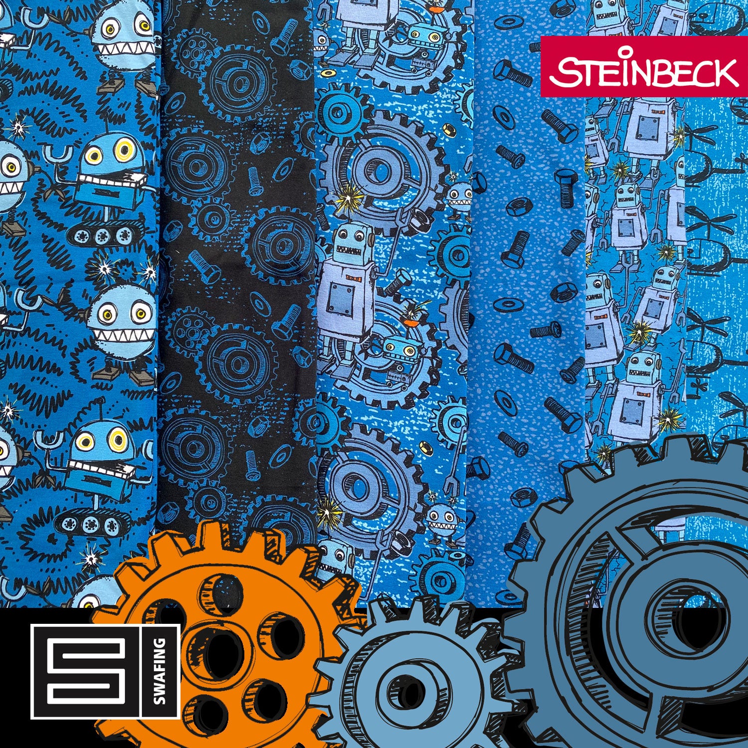 Happy Metal by Steinbeck, Jersey Baumwolle, Panel blau Roboter,